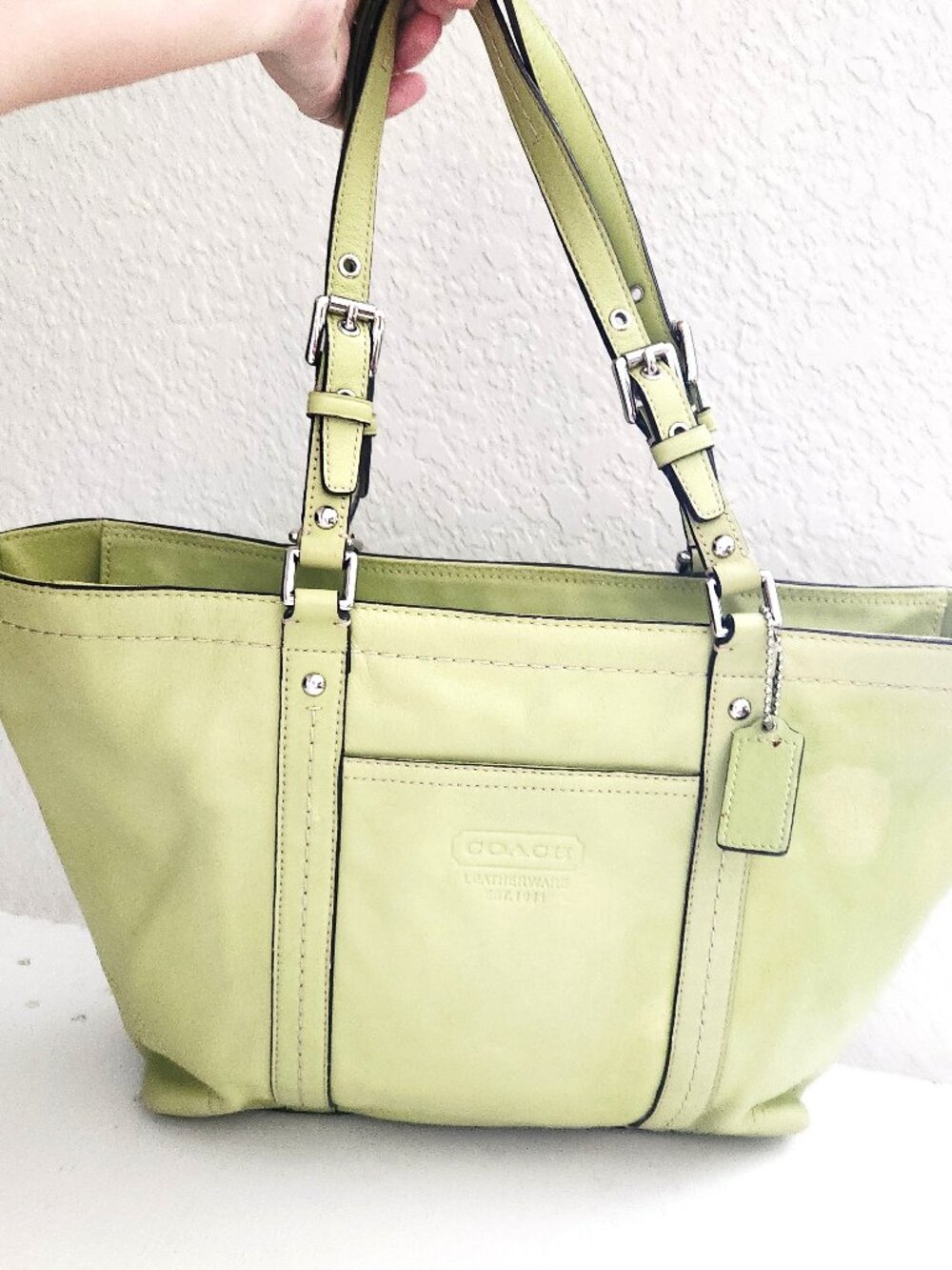 Coach East/West Green Leather Satchel Tote Bag Purse